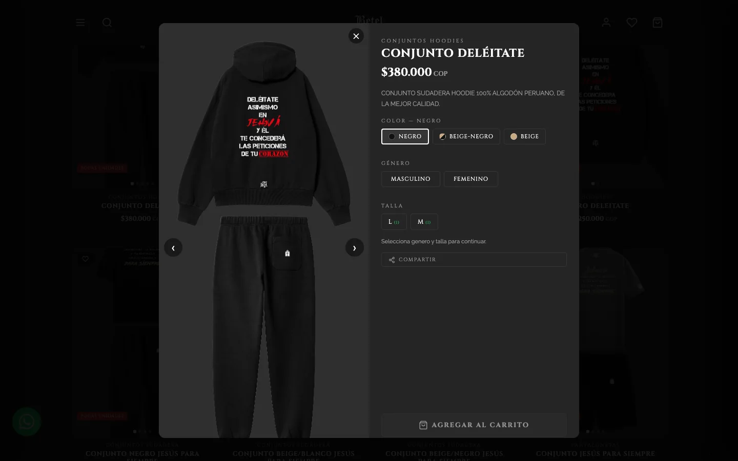Detalhe de uma peça: cor, gênero, tamanho e carrinho.