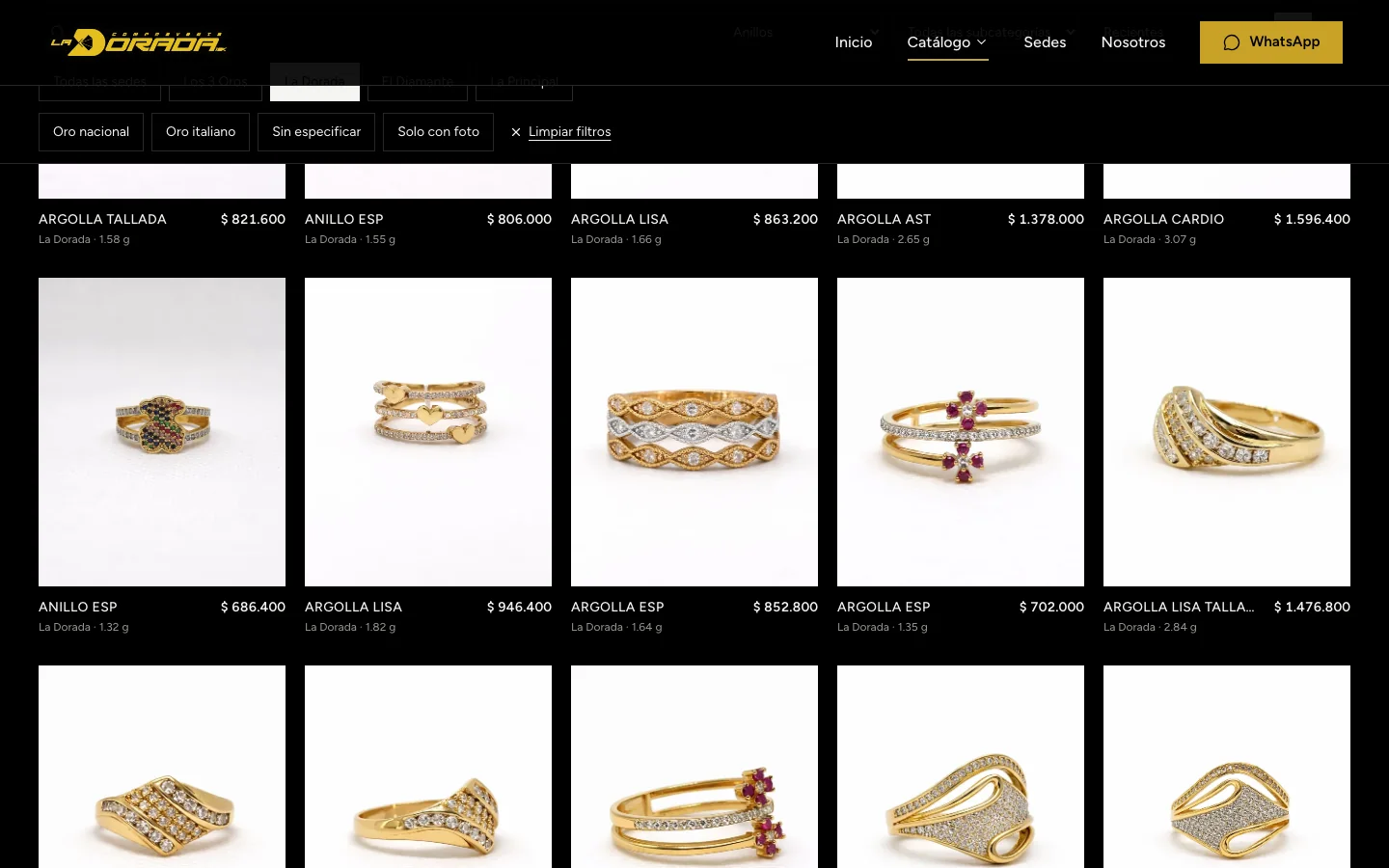 Catalog with filters by branch, category and gold type.